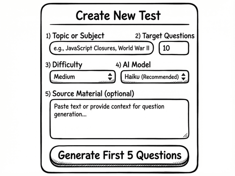 MOTAT test creation form